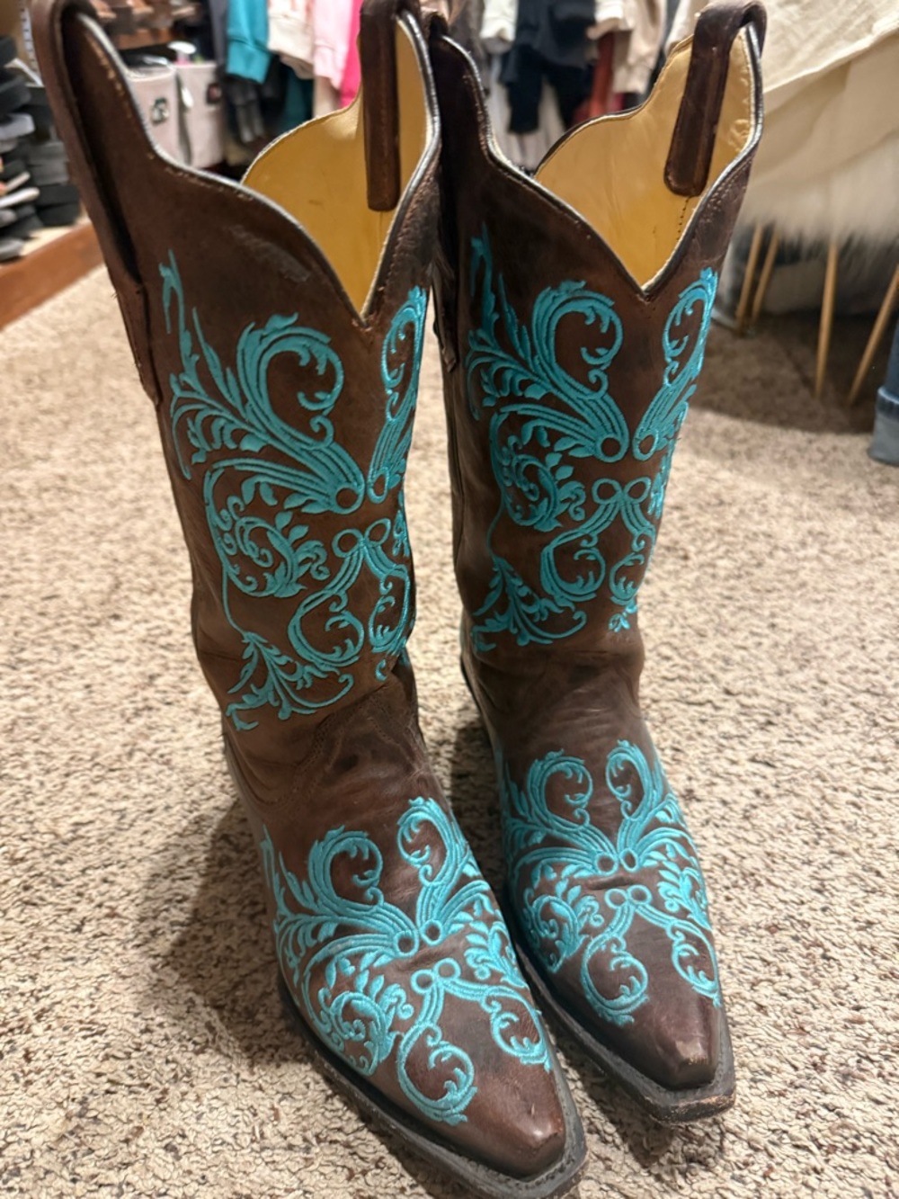 Brown Leather Women's Boots with Turquoise Embroidery size 8